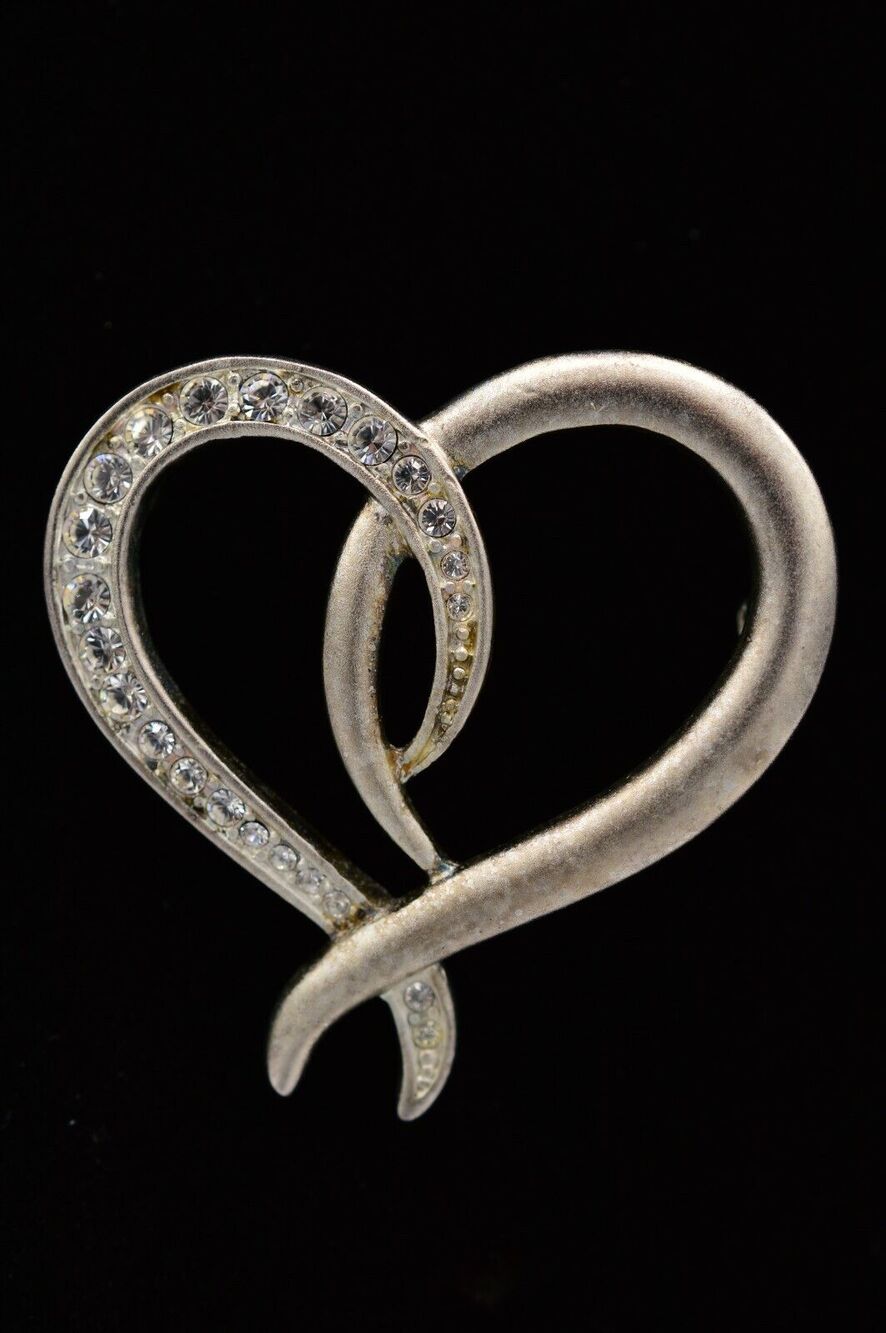 Vintage Heart Pin Brooch Brushed Silver Rhinestone Crystal Valentine 1980s BinJ